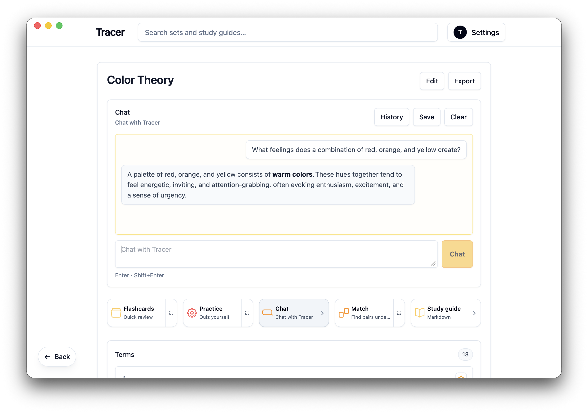 Tracer AI chat screen