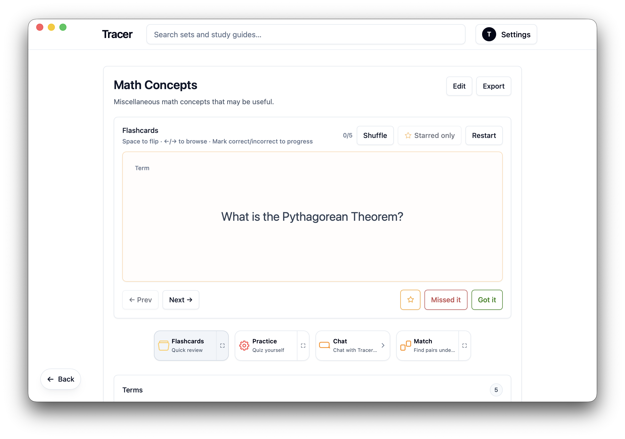 Tracer flashcards screen